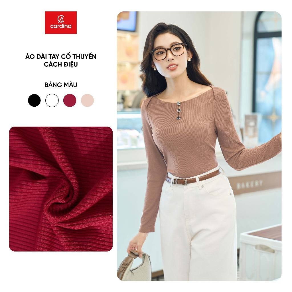 5AHF04 Áo thun tăm CARDINA kiểu dáng cổ thuyền cách điệu dài tay 5AHF04