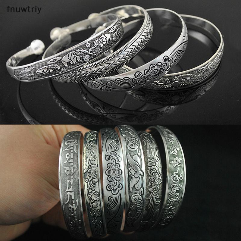 [fnuwtriy] Vòng Tay Mở Retro Trang Sức Vintage Bạc Totem Khắc Lắc Tay Vòng Vòng VN