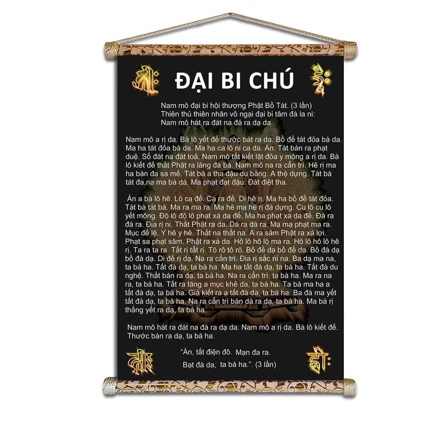 Tranh Chú Đại Bi Treo Tường- Canvas Kim Sa 5D Khung Gỗ 40x60 Tranh Phật Giáo Phòng Thờ
