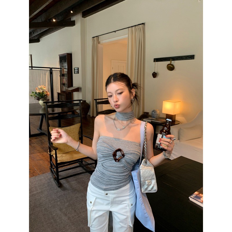MR [Cắt thường ngày] Thiết kế khóa Áo Vest cổ dây gợi cảm Áo Vest nữ mùa hè