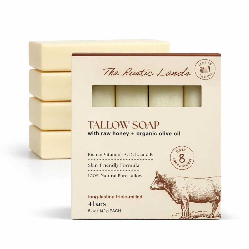THERUSTICLANDSTallowSoapBarsSetof4-GrassFedBeefTallowwithRawHoney & OliveOil-MadeintheUSASoapforSens