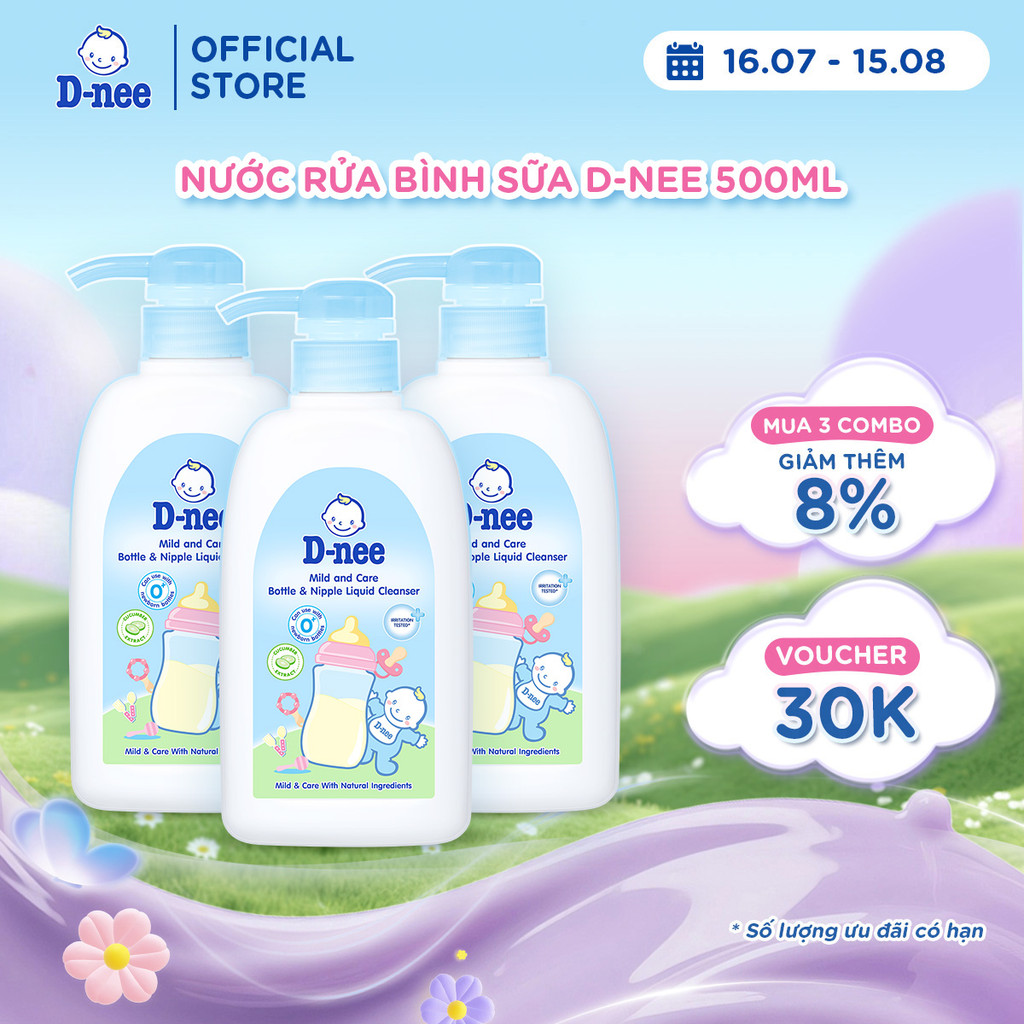 Combo 3 Nước rửa bình sữa D-nee, chiết xuất dưa leo, an toàn lành tính, khử khuẩn hiệu quả 500ml