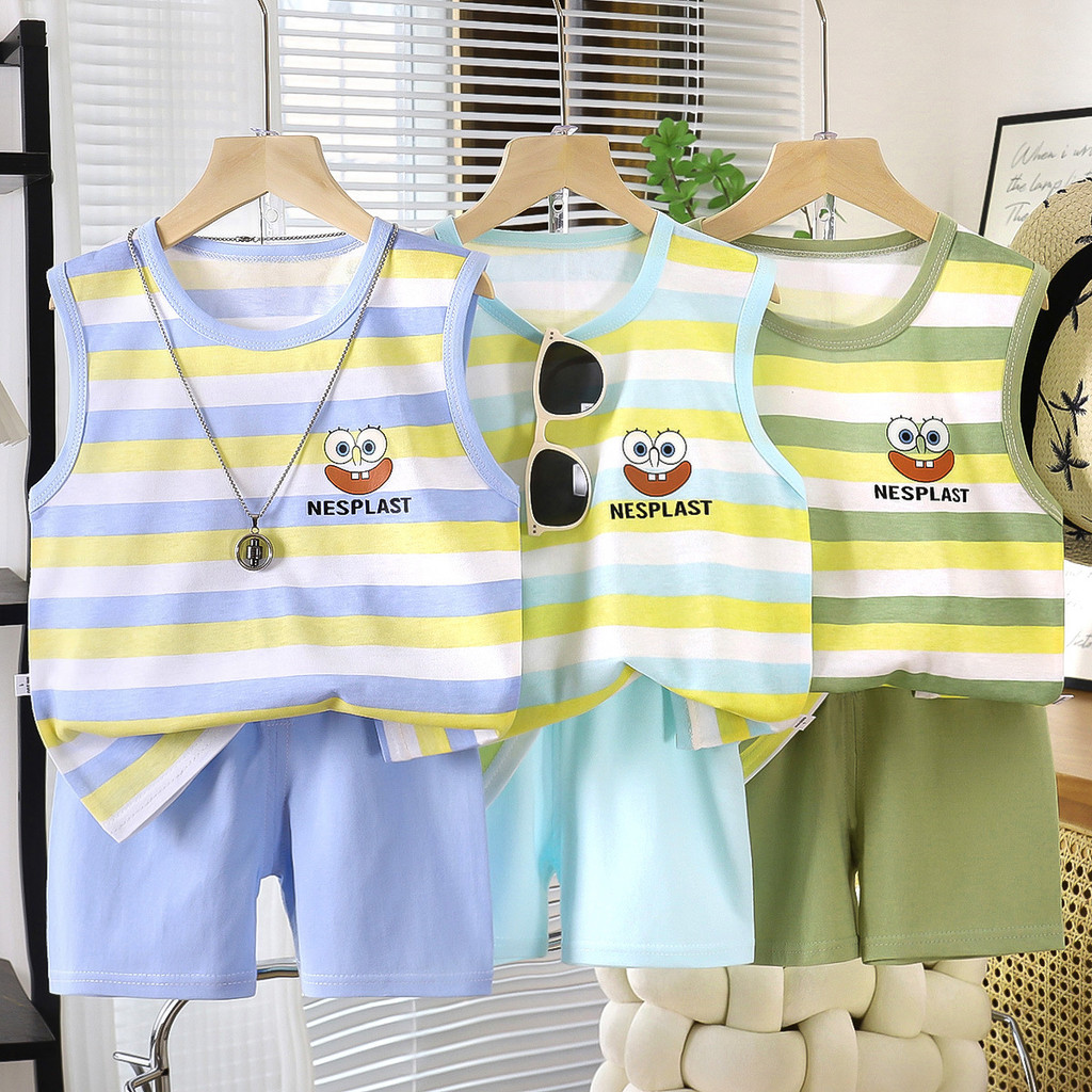(6m-12Yrs) Bộ áo & quần short Cotton không tay mùa hè thoáng khí phong cách Hàn Quốc cho trẻ mới biết đi Trang phục 2 món thông thường