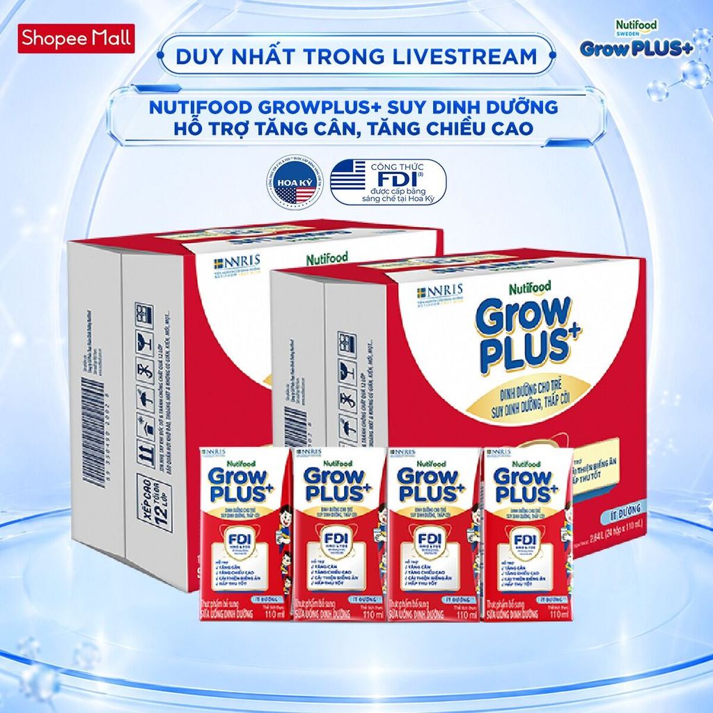 [Livestream Lucie] Thùng SBPS Nutifood GrowPLUS+ ít đường Suy Dinh Dưỡng - (48 hộp x 110ml) (Bao bì 