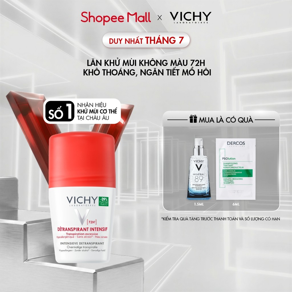 Lăn khử mùi Vichy khô thoáng, ngăn ngừa và giảm tiết mồ hôi 72H, không gây kích ứng, sạm da 50ml