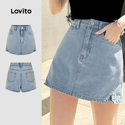 Quần short denim nữ Lovito xanh dương xuân hè đắp wash giả 2 trong 1 phong cách thường ngày L183ED040