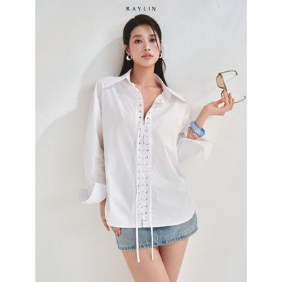 Áo sơ mi KAYLIN Ivy phối dây đan chéo chất vải Kate hàn mềm mát phong cách cá tính BST AURELIA - A214