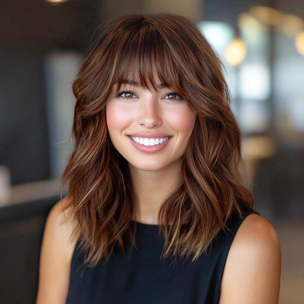 Lativ Brown Tóc Giả Với Bangs Bob Xoăn Sóng Nổi Bật Tóc Với Rễ Đậm Tóc Giả Ngắn Cho Nữ Sợi Tổng Hợp 