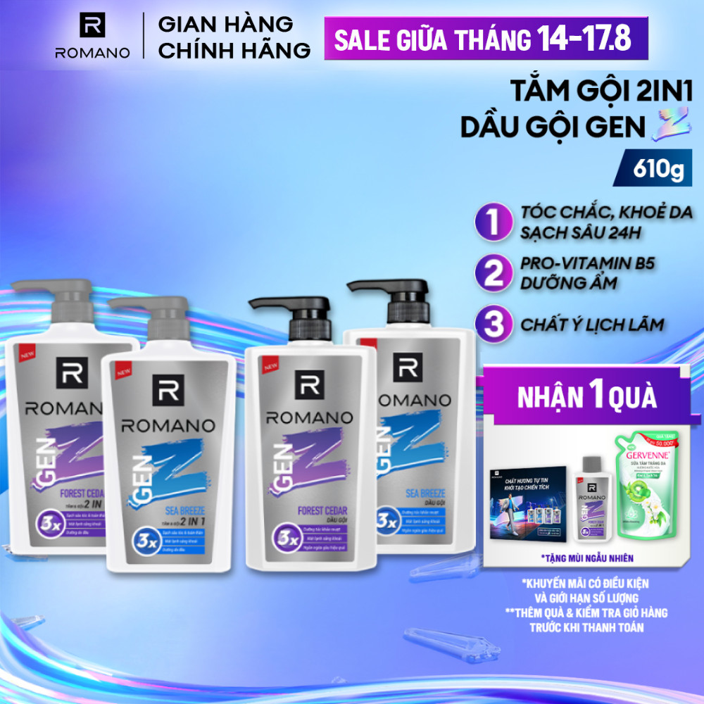 Tắm gội cho nam 2in1 cho nam / Dầu gội nam Romano Gen Z hương Sea Breeze/ Forest Cedar 610g / chai -