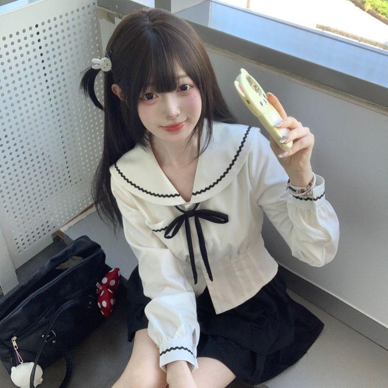 Bộ đồ thủy thủ eo hẹp dài tay Jk / Yumw