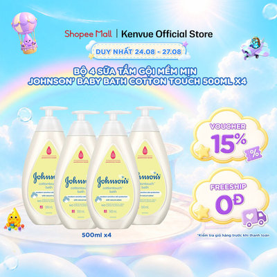 [BỘ 4 SIÊU RẺ] sữa tắm 2 trong 1 (gội+tắm toàn thân) mềm mịn Johnson's baby Bath Cotton Touch 500mlx4