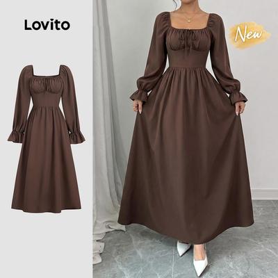(New Arrival) Lovito Đầm Nữ Mùa Thu Đông Thiết Kế Thanh Lịch Chi Tiết Xếp Tầng Màu Nâu LBL37009