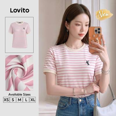 (New Arrival) Lovito Áo thun nữ mùa xuân/hè thêu viền tương phản màu hồng TSB201P1D040