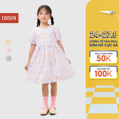 Váy liền bé gái CANIFA đầm babydoll cộc tay chất liệu cotton thoáng mát 1DS26S005