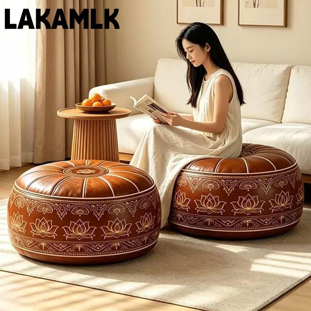 LAKAMLK Fillable Ottoman Pouf, Thêu Họa Tiết Da PU Bảo Quản Ottoman, Phong Cách Ma-rốc Hình Tròn Trò