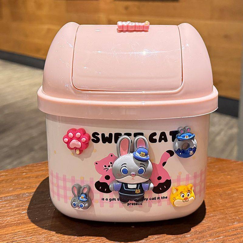Cartoon Desktop Trash Bin Household Living Room Flip Trash Bin Plastic Mini Office Storage Wastebask