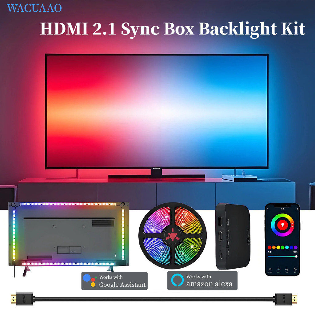 Bộ đèn nền hộp đồng bộ TV WACUAAO HDMI 2.1 dành cho rạp hát tại nhà, 4K 120Hz RGBIC cho TV 40-85 inc