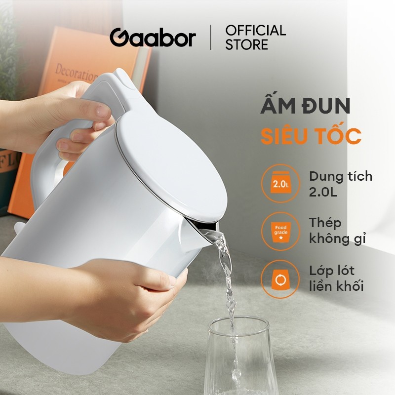 🌟 Ấm siêu tốc GAABOR 2L EK20M-WH01A, Inox 201và inox 204, Công suất 1500W, Cách nhiệt an toàn, Bình 