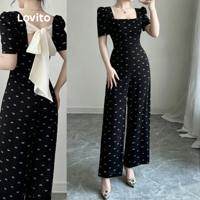 (New Arrival) Lovito Jumpsuit đen nữ mùa xuân/hè phong cách casual họa tiết nơ phối màu L195AD216