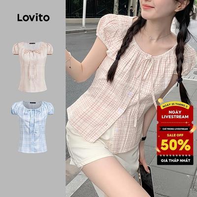 Lovito Áo Kiểu Mùa Hè/xuân Dáng Phong cách thường ngày Kẻ Sọc Thắt Dây Xếp Ly Dành Cho Nữ L130AD146