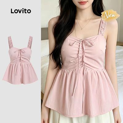 (New Arrival) Lovito Áo kiểu nữ màu hồng xuân/hè nơ nhún nhẹ L198ED3219