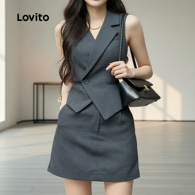 (thanh lịch) Lovito Bộ váy có khóa kéo nút không đối xứng cho mùa xuân/hè màu xám cho nữ LK3ED074