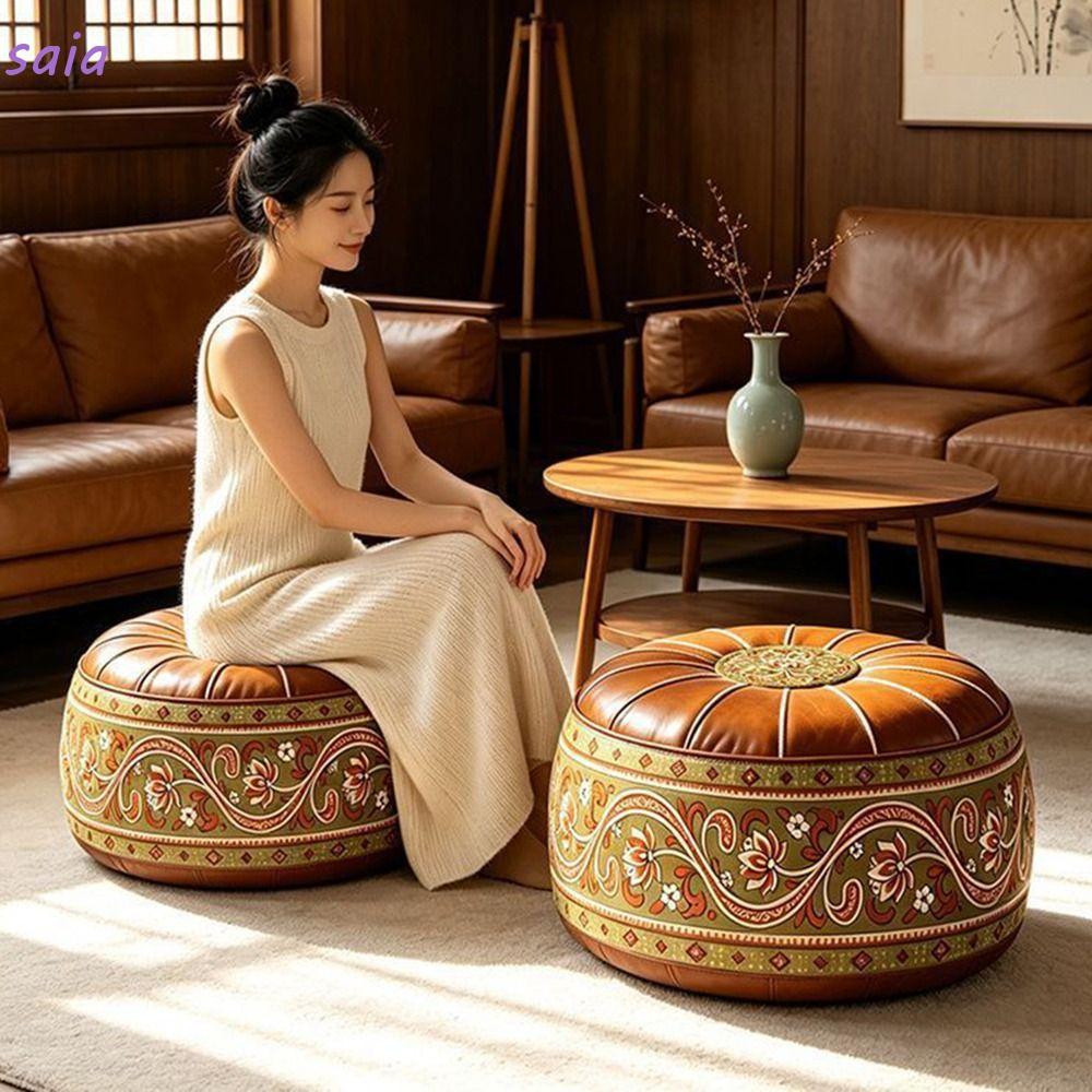 SAIA Fillable Ottoman Pouf, Họa Tiết Thêu Phong Cách Ma-rốc Lưu Trữ Ottoman, Da PU Hình Tròn Tròn Po