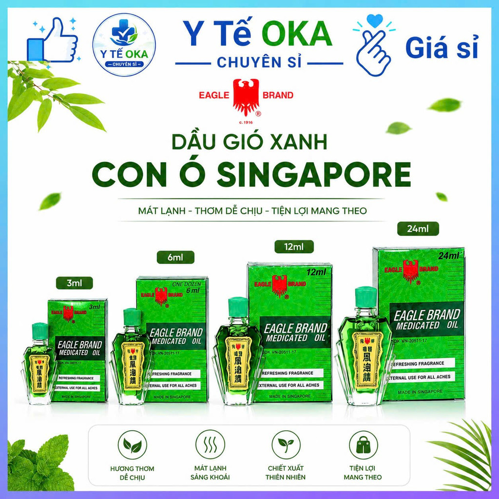Dầu gió xanh Con ó Eagle Singapore Giảm Đau Nhức Cơ Bắp, Đau Đầu (Chai 3ml - 6ml - 12ml - 24ml) , Y 