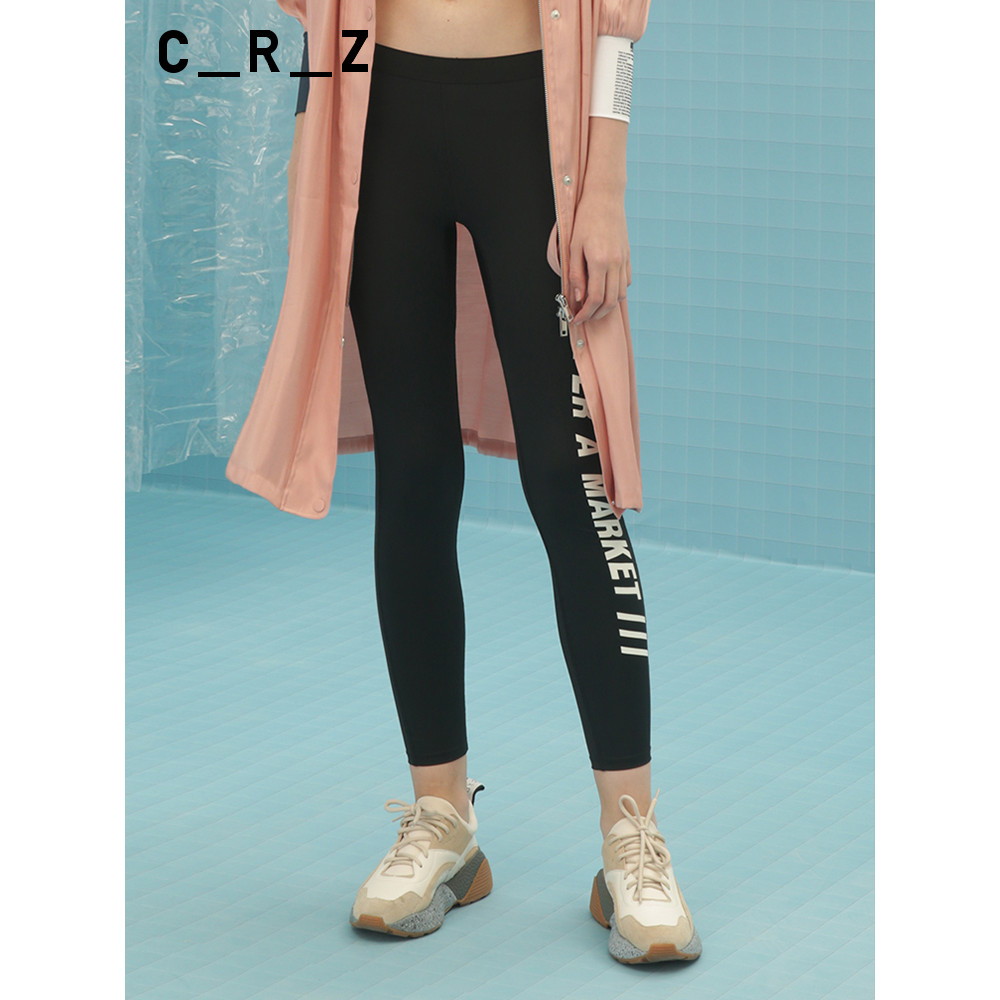 CRZ Đen Chữ In Quần Nữ Skinny Co Giãn Slim-fit Phù Hợp Với Quần Tập Yoga Thể Thao Legging Mùa Hè
