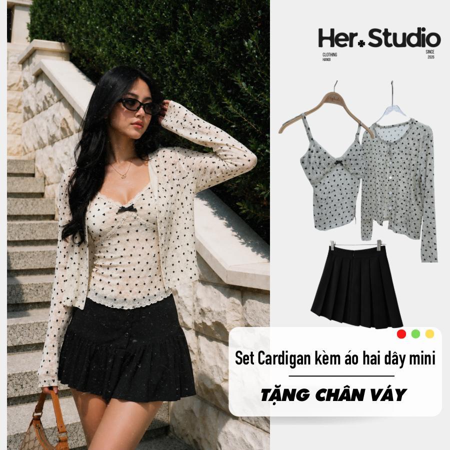 TẶNG CHÂN VÁY - Set Áo Cardigan HER.STUDIO + Áo Hai Dây Họa Tiết Trái Tim Set Áo Dệt Kim 3 Chi Tiết 