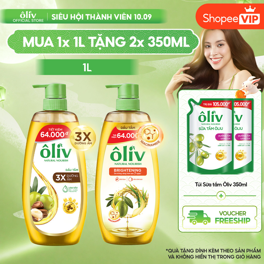 [VOUCHER SVIP 20%] Dầu Tắm Ôliv 1L Tặng 2 Túi Sữa Tắm Dưỡng Ẩm Sáng Da 350ML