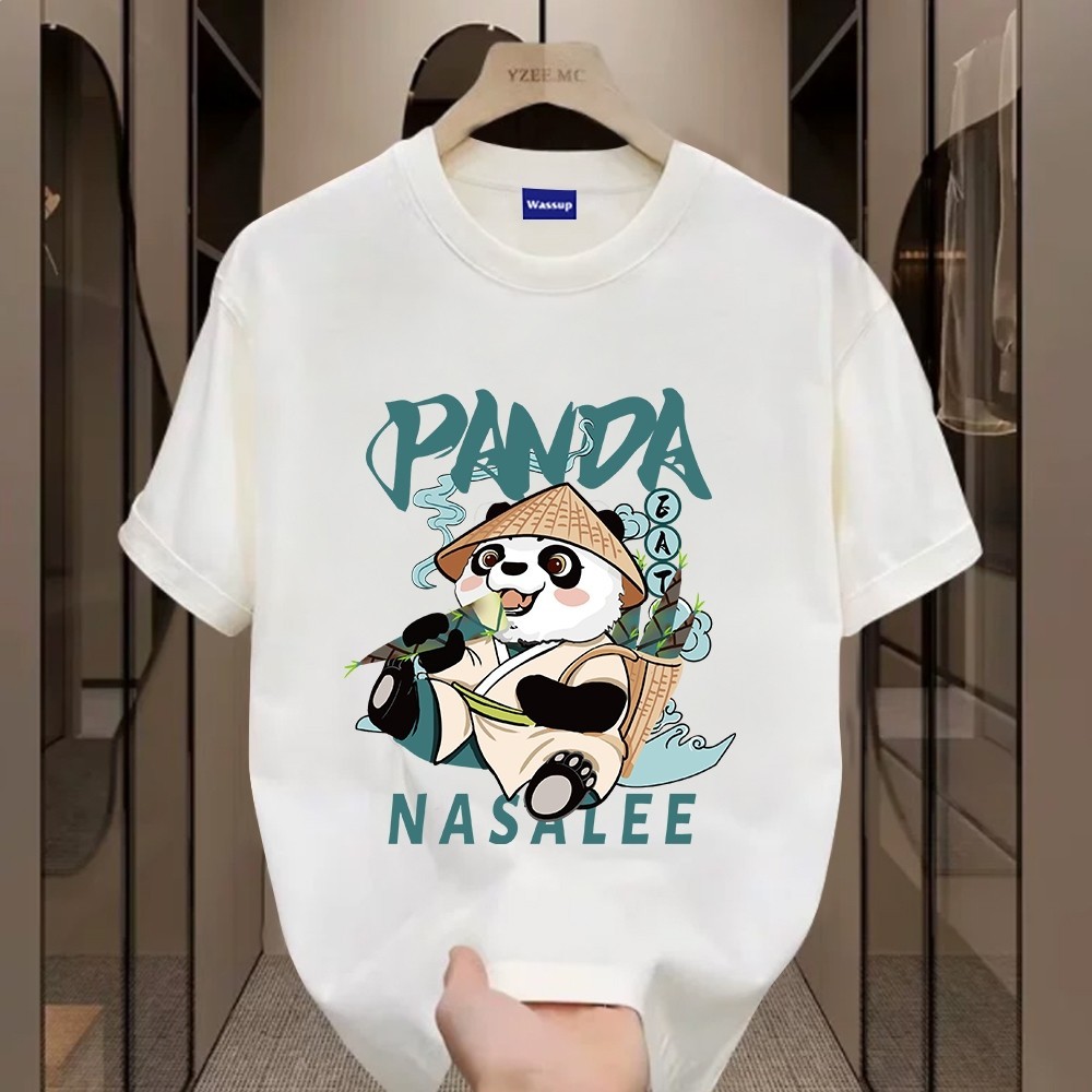 Áo thun tay ngắn - In gấu trúc mũ rơm PANDA NASALEE - Phong cách quốc triều dễ thương - Mềm mát thấm