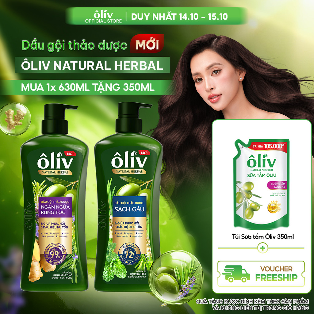 [MỚI RA MẮT] Dầu Gội Thảo Dược Ôliv Natural Herbal Ngăn Gãy Rụng/Sạch Gàu 630ML + Tặng Túi 1 Sữa Tắm Dưỡng Sáng Da 350ML
