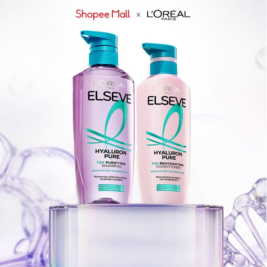 Bộ đôi gội xả nhẹ bồng mái tóc 72H Elseve HA Pure cho da đầu dầu hoặc Moist cho da đầu khô L'Oreal Paris 620ml, 375ml