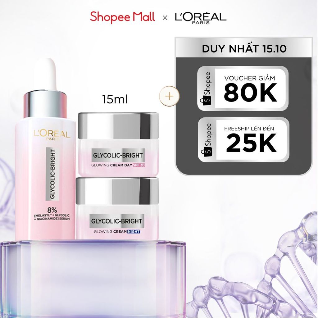 Bộ Serum Glycolic Melasyl 8% [Melasyl+Glycolic+Niacinamide] 30ml & Kem dưỡng ngày đêm mờ thâm nám L'Oreal Paris Glycolic