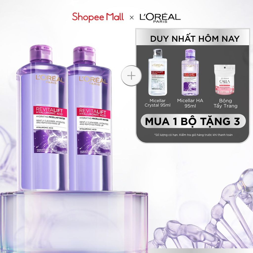 Bộ 2 nước tẩy trang cấp ẩm căng mịn da L'oreal Paris Hyaluronic Acid 400ml x 2