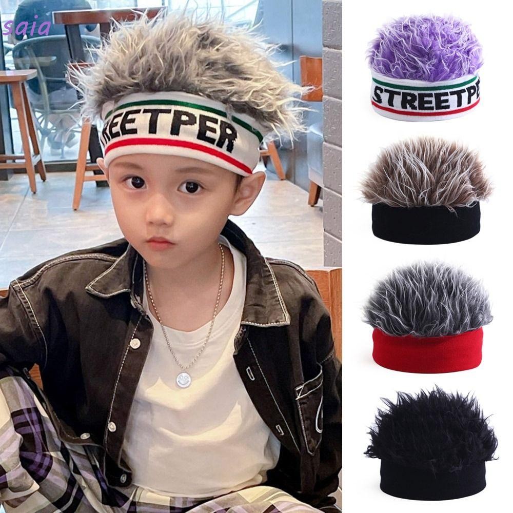 SAIA Beanies Cap, Mũ tóc giả co giãn vui nhộn cho trẻ em, Thời trang cá tính dệt kim tóc mát mẻ tích