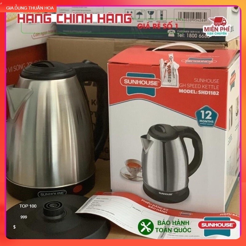 Ấm siêu tốc, Bình đun siêu tốc Sunhouse SHD1182, 1,8 LÍT, đun sôi nhanh, tự động ngắt khi sôi.
