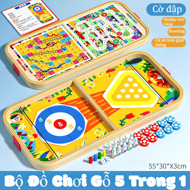 Bộ Đồ Chơi Gỗ 5 Trong 1,bowling, Rải Xúc Xắc đồ Chơi Giáo Dục, Tương Tác Gia đình,Đồ Chơi Giáo Dục C