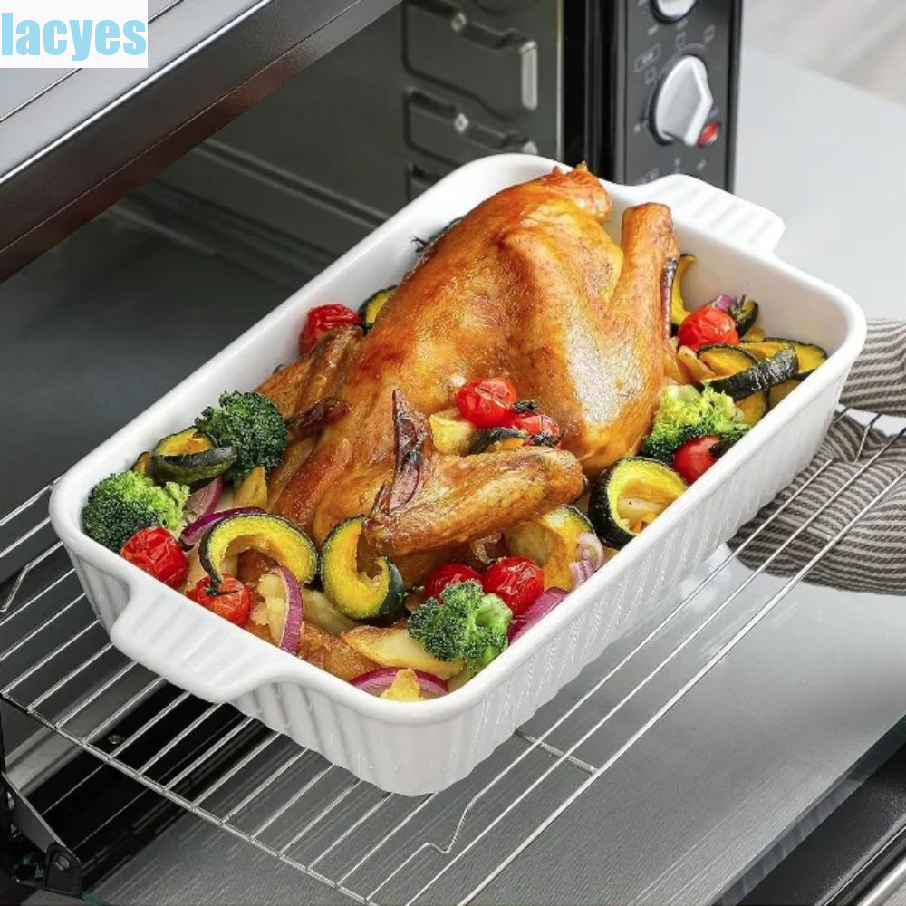 Đĩa nướng LACYES, Khay nướng gốm sứ sâu hình chữ nhật, đa năng có tay cầm họa tiết sọc Lasagna Pan R