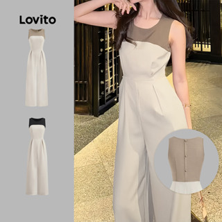  Áo liền quần Lovito màu trơn ghép vải xếp nếp phong cách thường ngày cho nữ L128ED413 