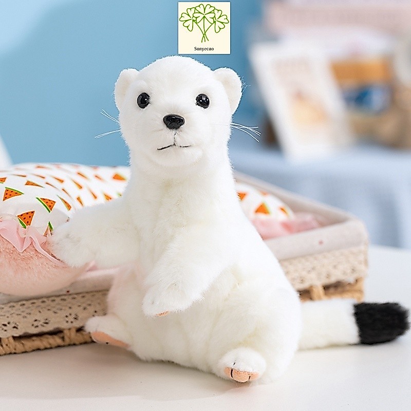 SanyecaoRealistic Trắng Stoat Sang Trọng Búp Bê Sống Động Như Thật Đuôi Đen Ermine Đồ Chơi Nhồi Bông
