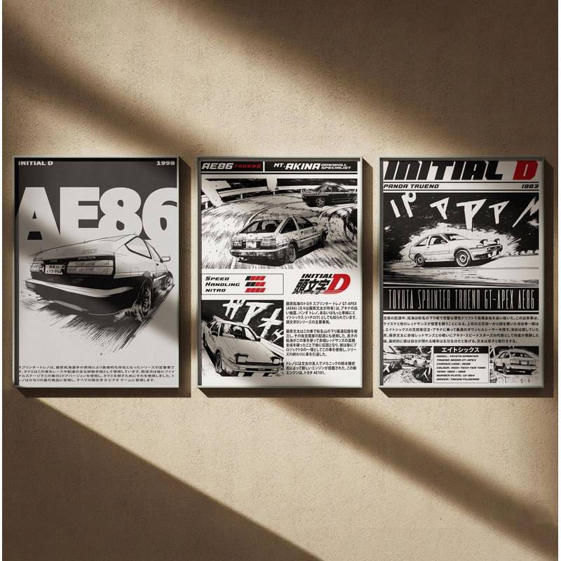 Ban đầu D AE86 Anime Car Canvas Wall Art, Retro Manga Racing Room Decor