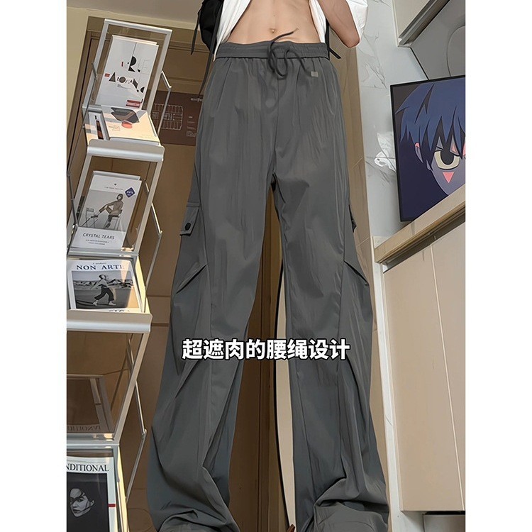 Dark gray men's summer lightweight cargo pants, extra-long for tall individuals, quick-dry, pleated,