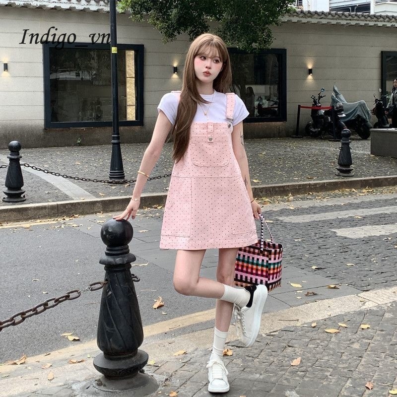 【Indigo】 Váy Yếm Denim Dáng Gầy Chữ A Rộng Rãi Váy Denim Nữ Ôm Mông
