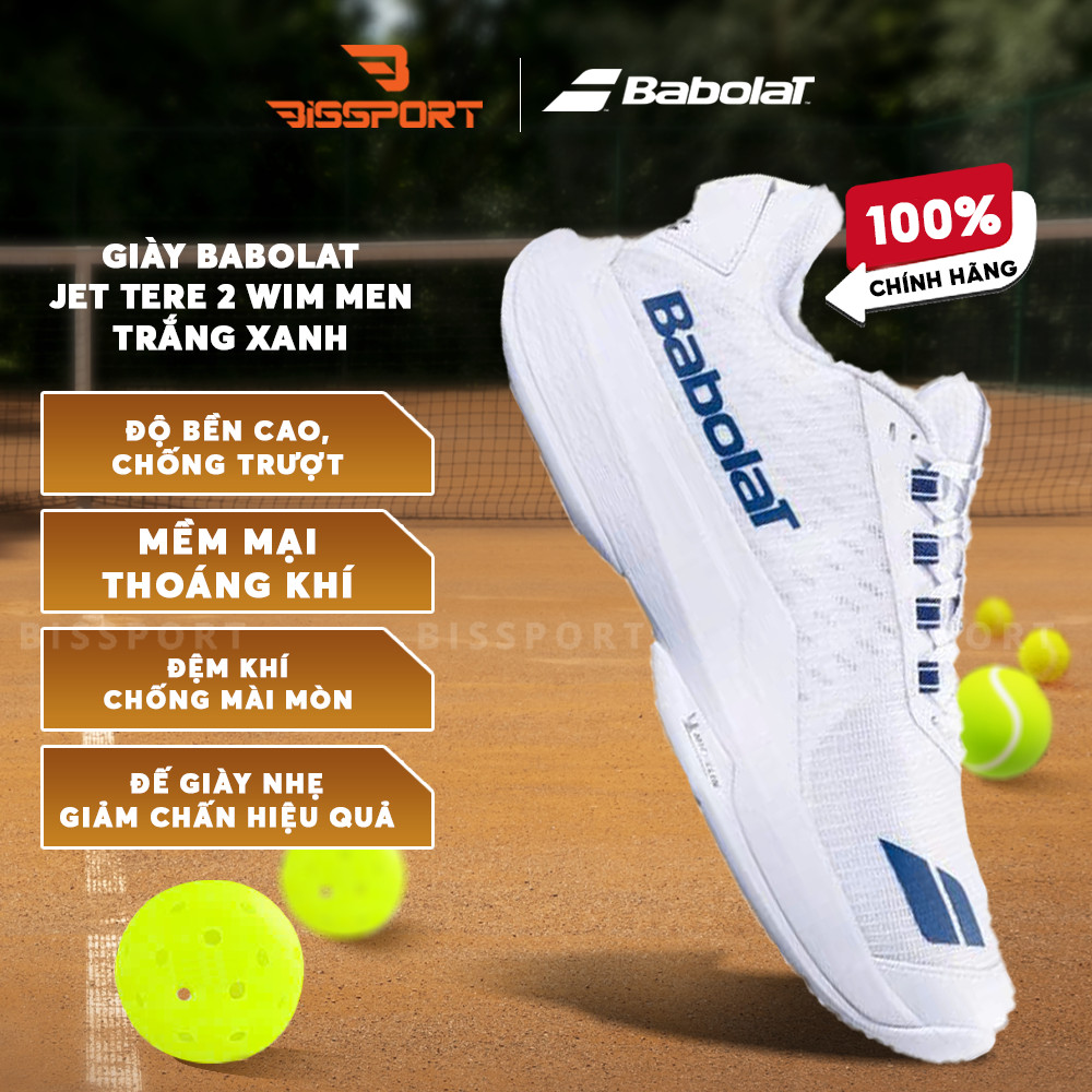 Giày Tennis/Pickleball Babolat Jet Tere 2 Wimbledon Men Trắng Xanh Chính Hãng - Chống Chấn - Toàn Di