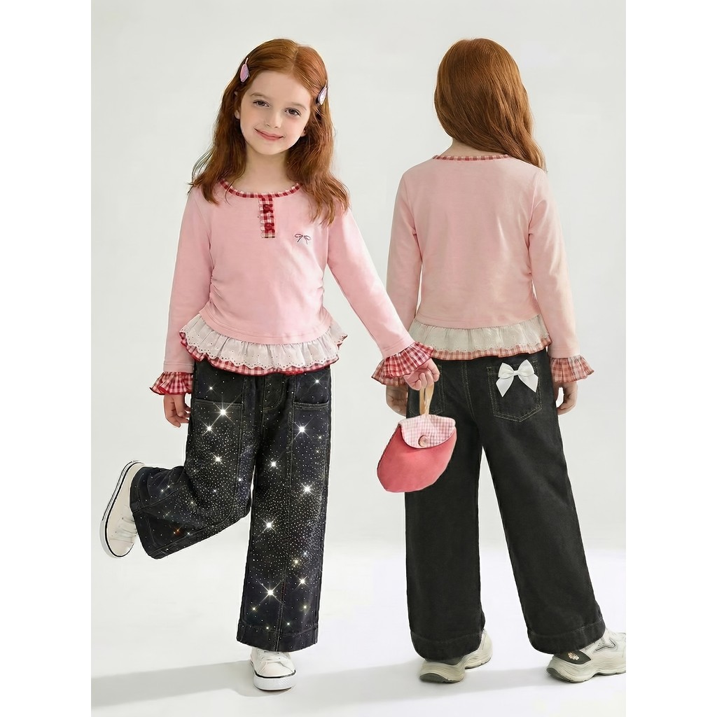 Quần jean Baggy pha lê màu đen Y2K Dạo phố Teen Girls Thu Đông
