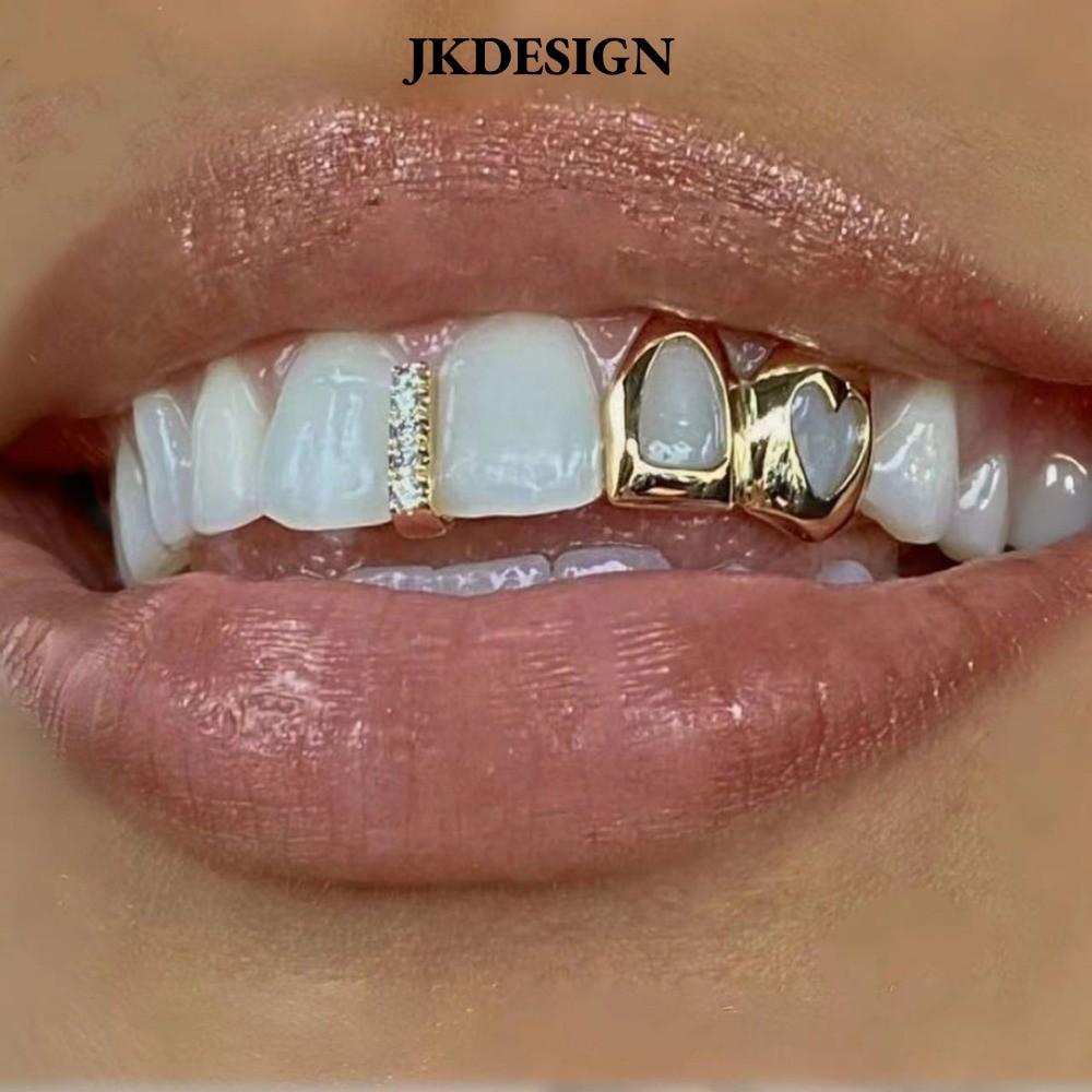 JKDESIGN Hip Hop Răng Grillz, Đồng Sáng Bóng Grillz, Màu Vàng Đôi Trái Tim Rỗng Răng Mũ Nữ