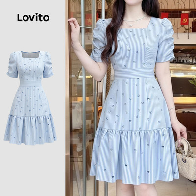(thanh lịch) Lovito Mẫu váy viền bèo nhún thoải mái mà vẫn sành điệu váy màu xanh dương nhạt mùa Xuân/Hè cho phụ nữ LK4ED1823