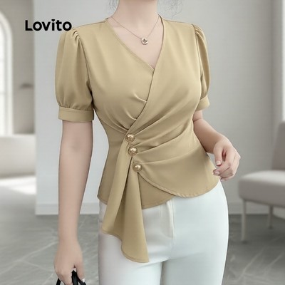 Áo kiểu nữ cao cấp Lovito thanh lịch phối diềm nhún cài cúc phong cách xuân hè màu kaki LK5ED497
